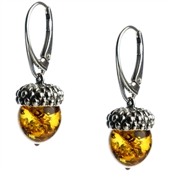 SIlver And Amber Acorn Earrings 1'' - Polish Art Center